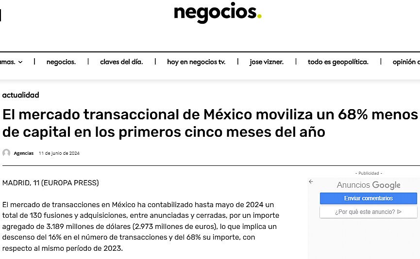 El mercado transaccional de Mxico moviliza un 68% menos de capital en los primeros cinco meses del ao